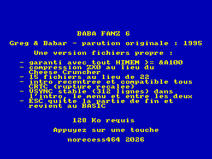 Introduction screen of the file edition of Baba Fanz 6