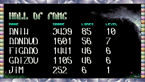 Die Tabelle der Bestenliste mit Name, Punktzahl, Reihen und Level