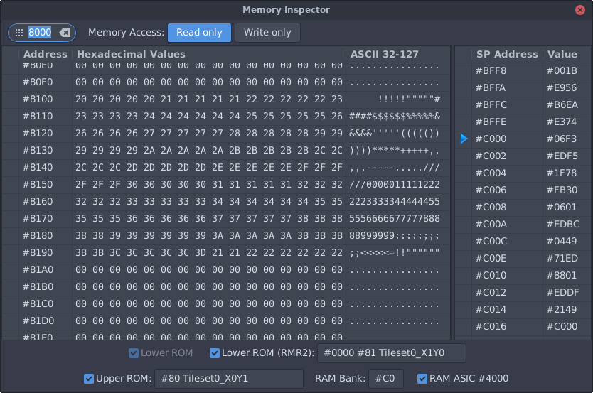 L'inspecteur mémoire, montrant les valeurs en mémoire et la configuration ROM et RAM courante