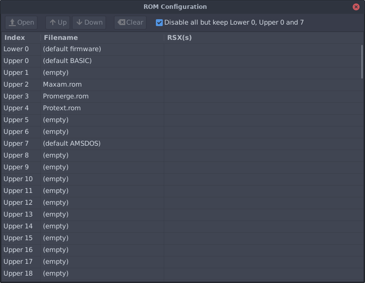 La fenêtre de configuration des ROMs, listant les ROMs lower et upper et les RSX qu'elles portent