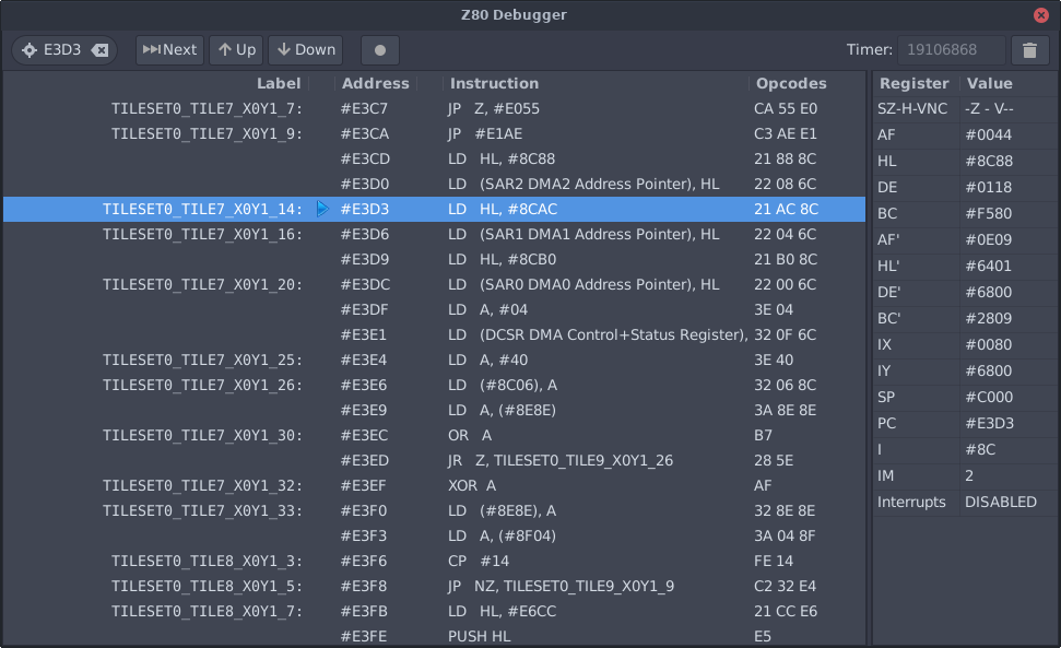 Le debugger Z80, montrant le désassemblage, les registres et la pile