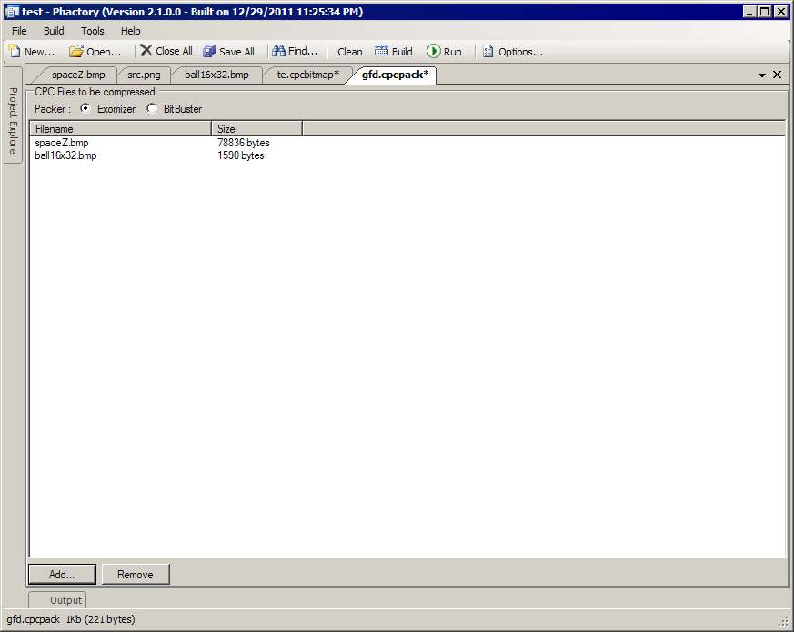 El plugin CPCPacker, con dos imágenes por comprimir y la elección entre Exomizer y BitBuster