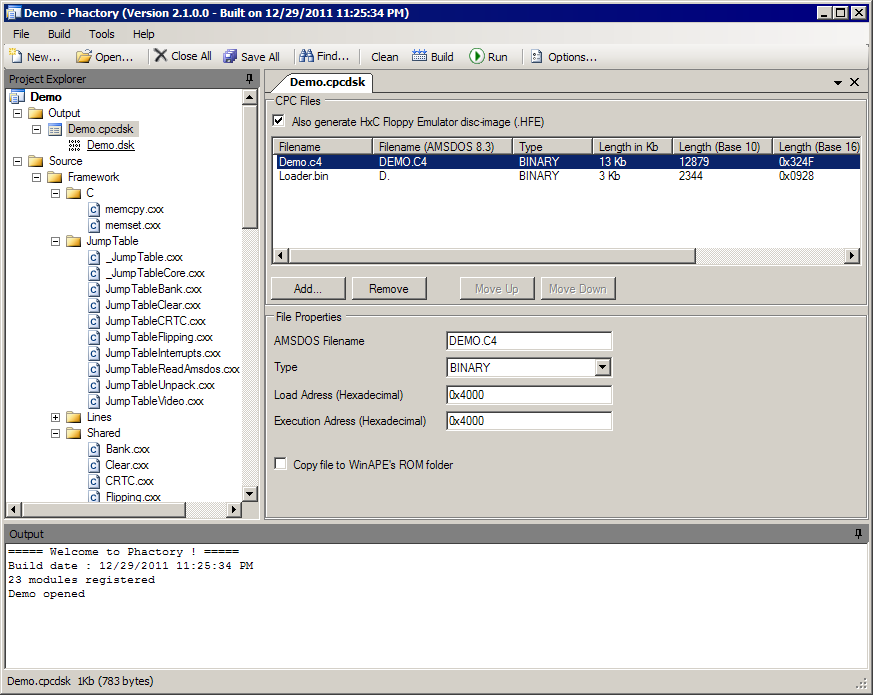 El plugin CPCDSK, con los archivos de una imagen de disquete y sus nombres AMSDOS y sus direcciones de carga y ejecución