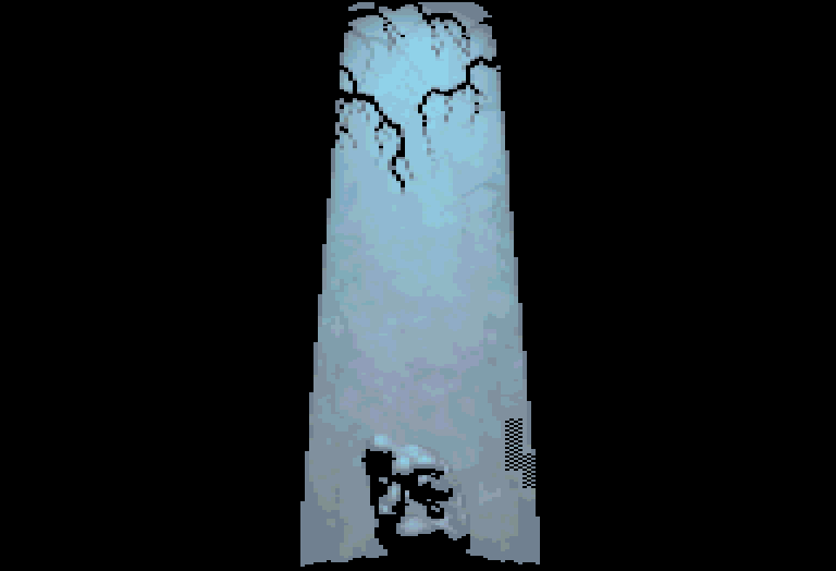 Ein steinerner Monolith, der über Schwarz treibt