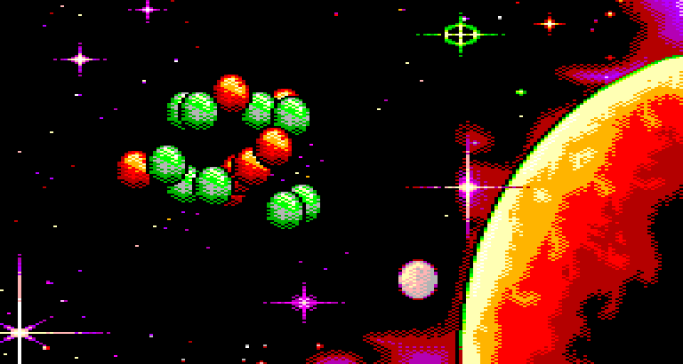 Farbige Kugeln, die sich vor einem Planeten drehen