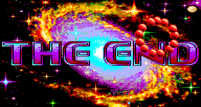 Die Worte THE END über einer Galaxie