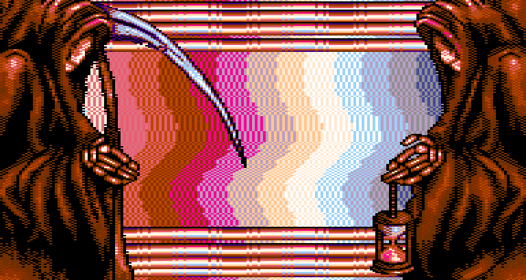 Two reapers, either side of a striped curtain