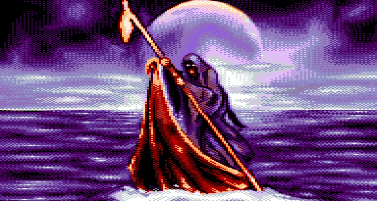 A hooded figure standing on water, under the moon