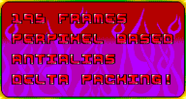Der Text: 195 frames, per-pixel based antialias, delta packing