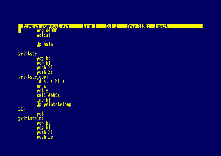 Der erzeugte Z80-Assembler, in Protext geöffnet, beginnend bei org &4000