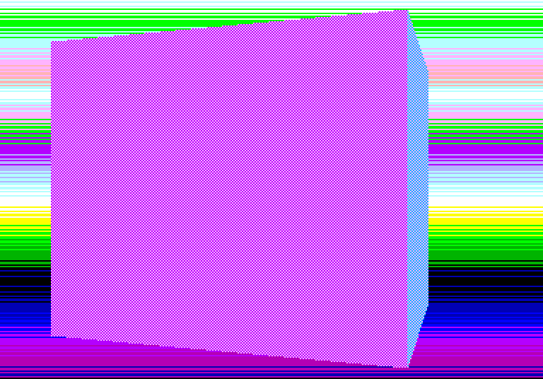 Ein rotierender Würfel, über Farbbalken