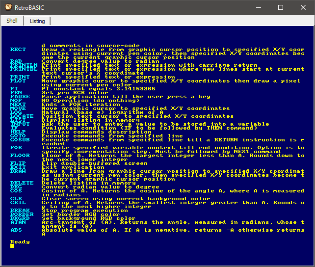 The rest of the HELP output, listing commands from RECT down to ABS
