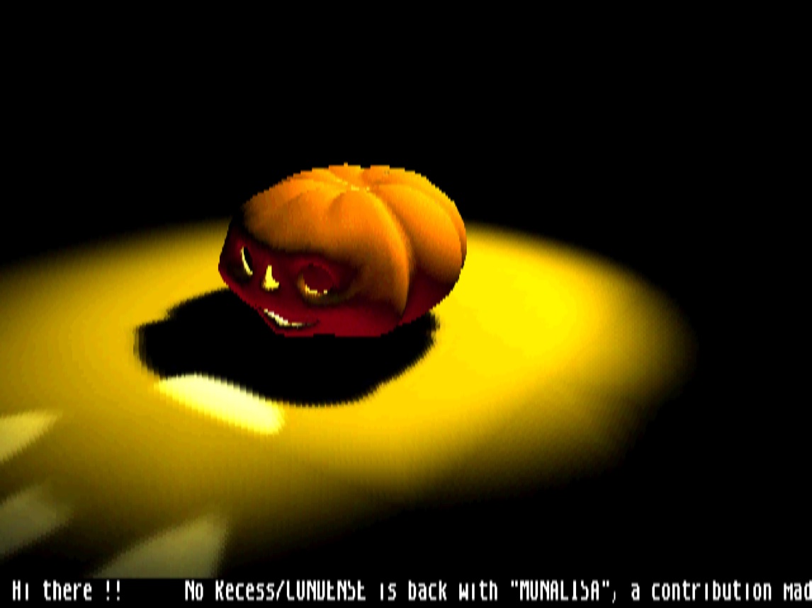 La citrouille dans un halo jaune, le scrolltext qui démarre en dessous