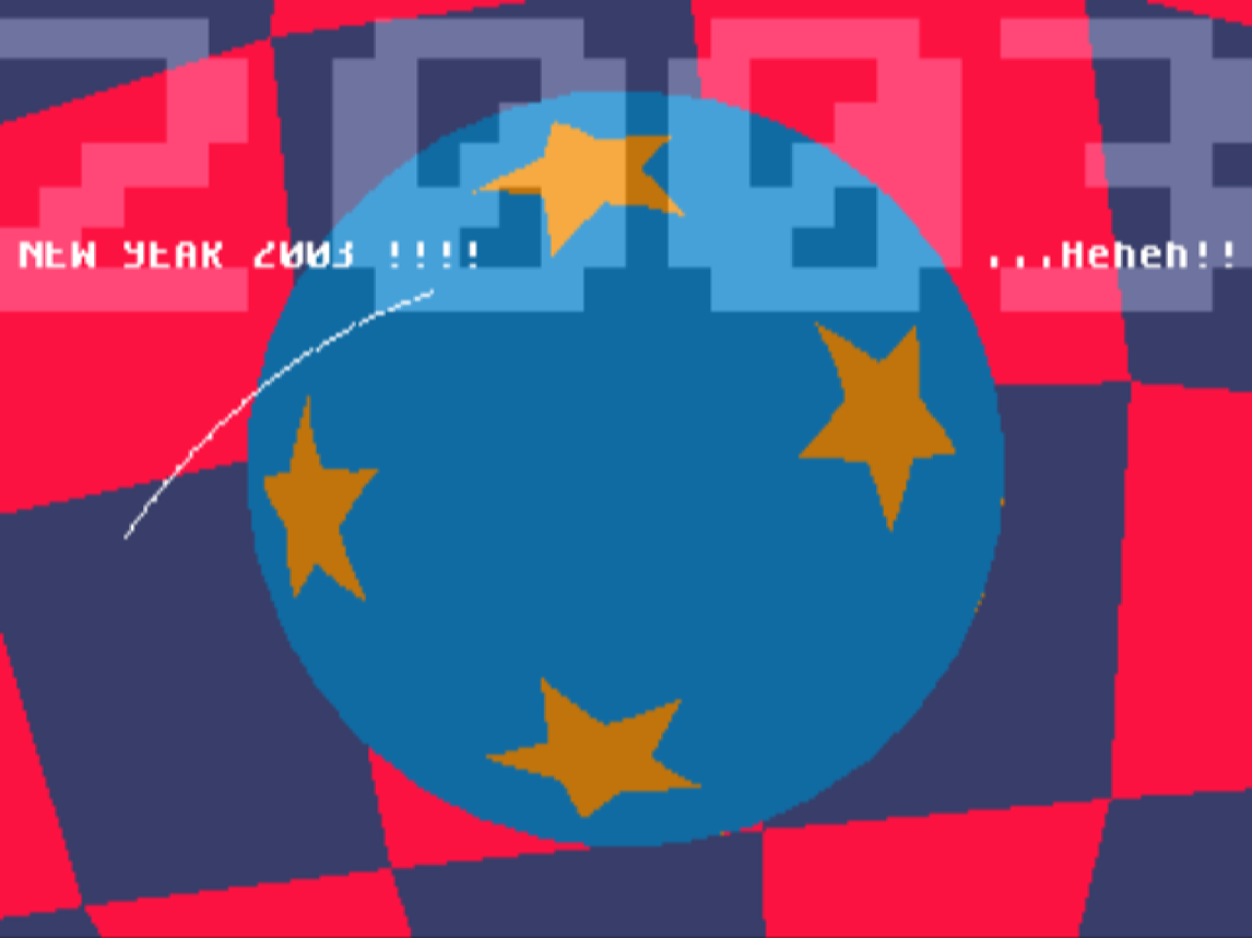 Eine blaue, mit Sternen bedeckte Kugel über einem sich windenden Schachbrett, der Scrolltext wünscht ein frohes neues Jahr