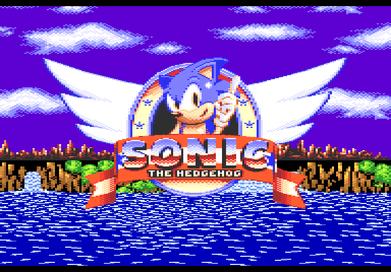La pantalla de título: el emblema alado de Sonic the Hedgehog sobre el mar, con la costa detrás