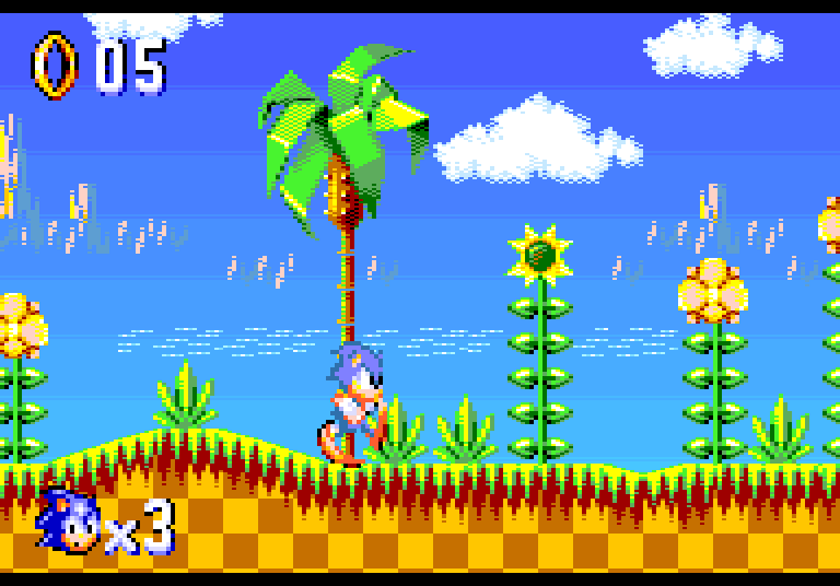 Green Hill Zone: Sonic trepando al pie de una palmera, con cinco anillos y tres vidas