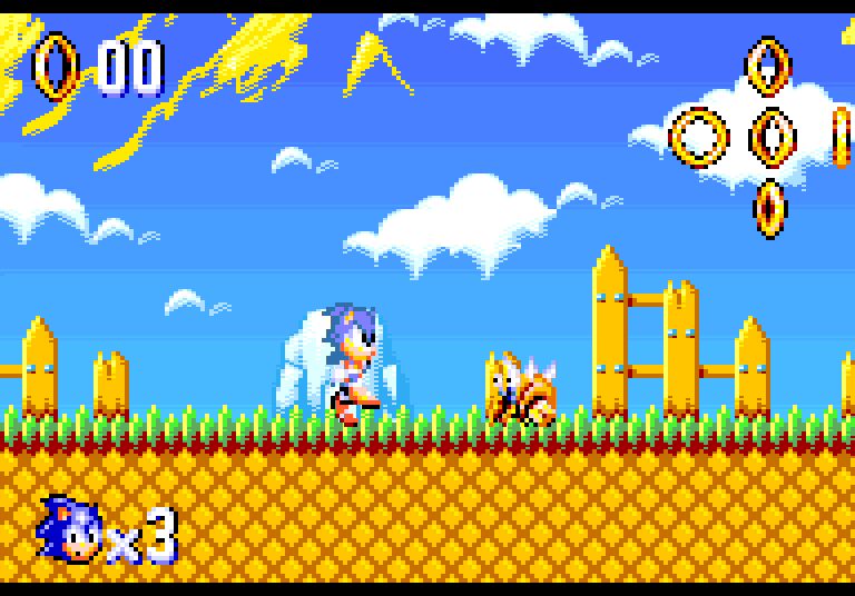 Green Hill Zone: Sonic corriendo junto a la valla, un Motobug delante y un reguero de anillos en el cielo