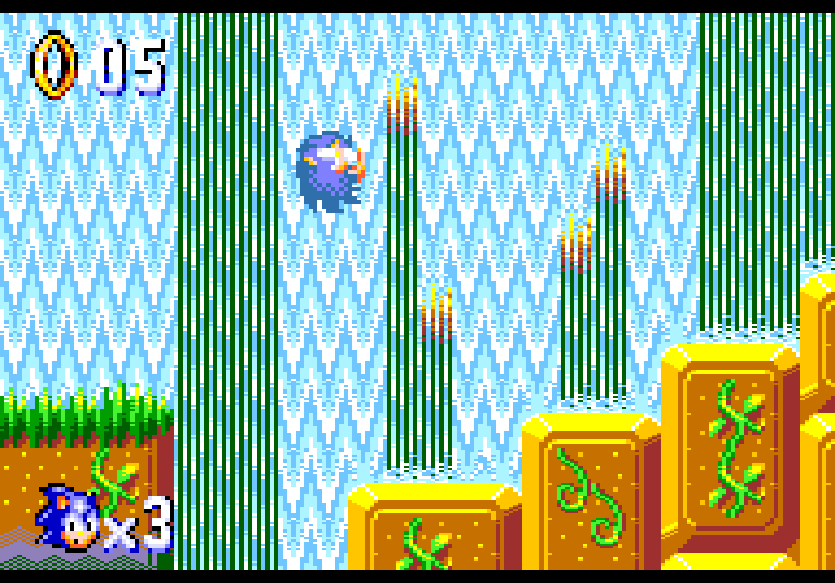 Jungle Zone: Sonic hecho una bola entre los bambúes, por encima de los bloques de piedra